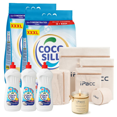 Zestaw 2 x Proszek CocoSill, 3 x Płyn do mycia naczyń, Worki do prania, Świeca zapachowa